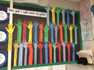 Kids wrote their goals (one academic, one personal) on their hand cut out.  Keeping it up to hold them accountable (including me!)