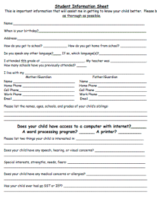 This student information sheet is sent home the first day of school.  I have condensed all crucial info. to one sheet of paper.  The parent contact log is then copied on the backside to be used as needed throughout the year.  