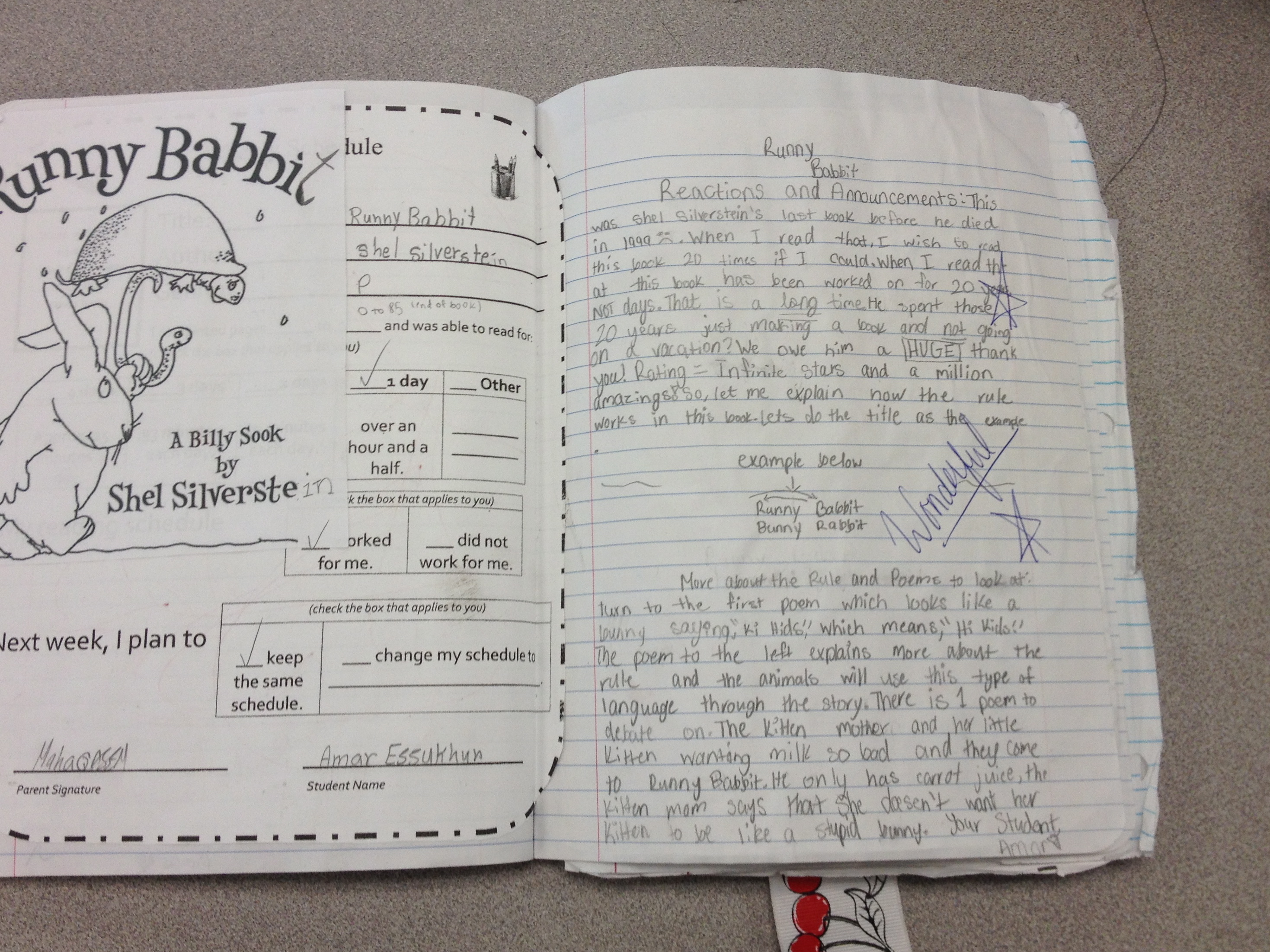 St. sample of reader's notebook